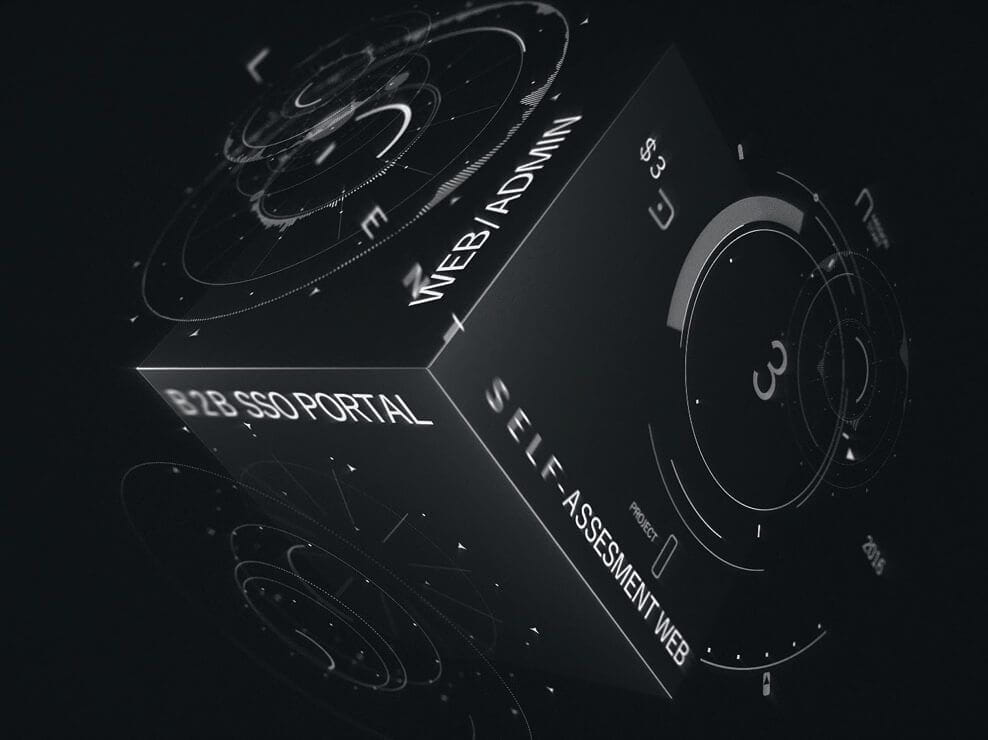 Dark 3D cube labelled with the portals of a marketing platform
