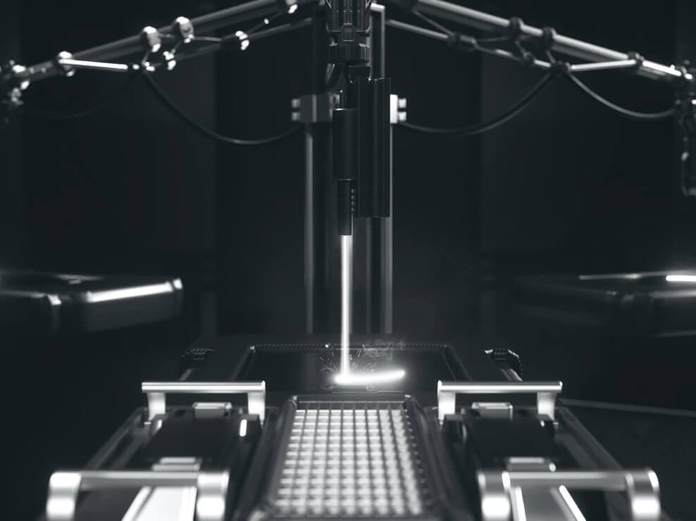 Studio render of a dark industrial automation scene